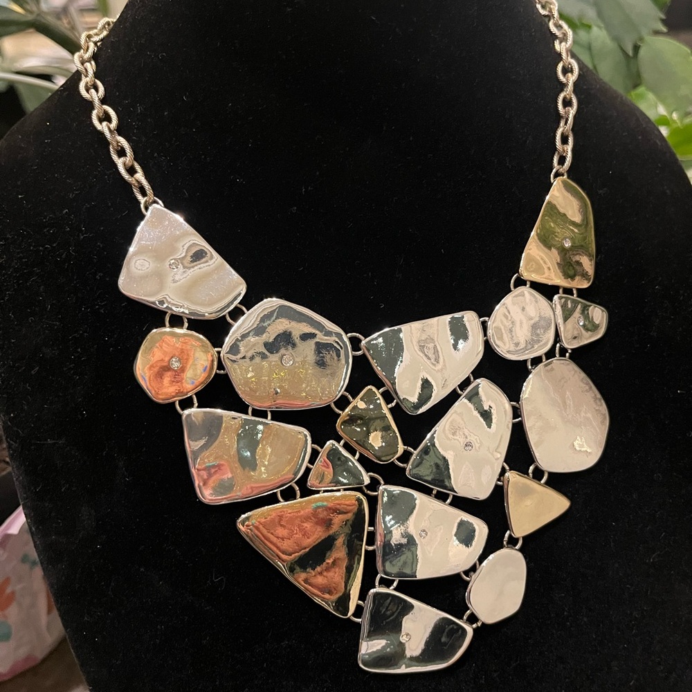 Lydell NYC  Silver Tone Statement Bib Necklace w/Asymmetrical Design &  crystals